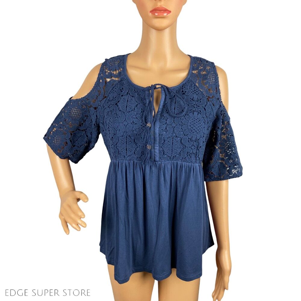 Daniel Rainn Cold Off Open Shoulder Lace Sleeve Tie Up Tassel Blouse Top Small